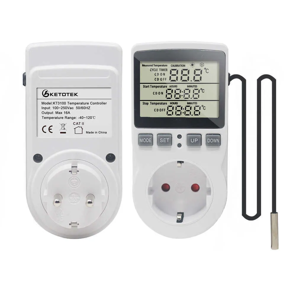 KT3100 Thermostat Digitaler Temperaturregler Steckdose Zeitschaltuhr Sensor Heizung Kühlung 16A 220V für Heizmatte 210719