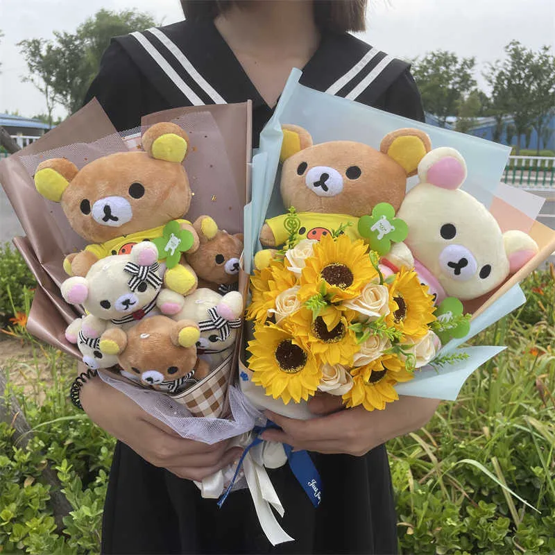 Cute Flower Bouquet Teddy Bear Stuffed Animal Plush Toy Cartoon Gift Box Creative Birthday Graduation Christmas Gifts H0824