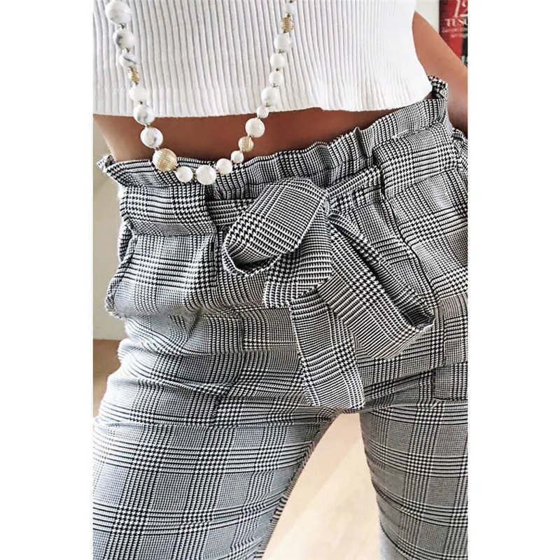 Femmes pantalons européens américains taille haute crayon à carreaux gris tout-match décontracté petits pieds femme longue 2021 nouveau chaud Q0801