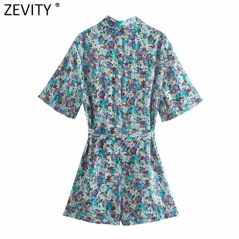 ZEVITY المرأة خمر جيوب التصحيح الأزهار بيرنت القوس الزنانير playsuits الإناث السراويل سيامي شيك عارضة ضئيلة السروال القصير P1131 210603