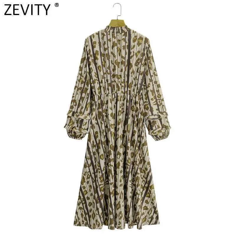Zevity femmes élégant imprimé léopard rayé en mousseline de soie Kimono robe mi-longue bureau dame lanterne manches volants mince robe DS4740 210603