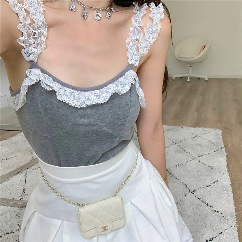 Summer Camisole Tank Top Woman Sexy Leakage Shoulder Vest Halter Sequined Lace Beauty Back Outer Wear s 210529