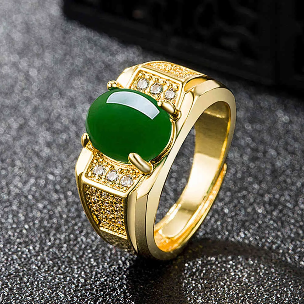 Vintage Moda Green Jade Emerald Gemstones Diamenty Pierścienie Dla Mężczyzn Złoto Tone Biżuteria Bague Bijoux Akcesoria Turcja Dubaj