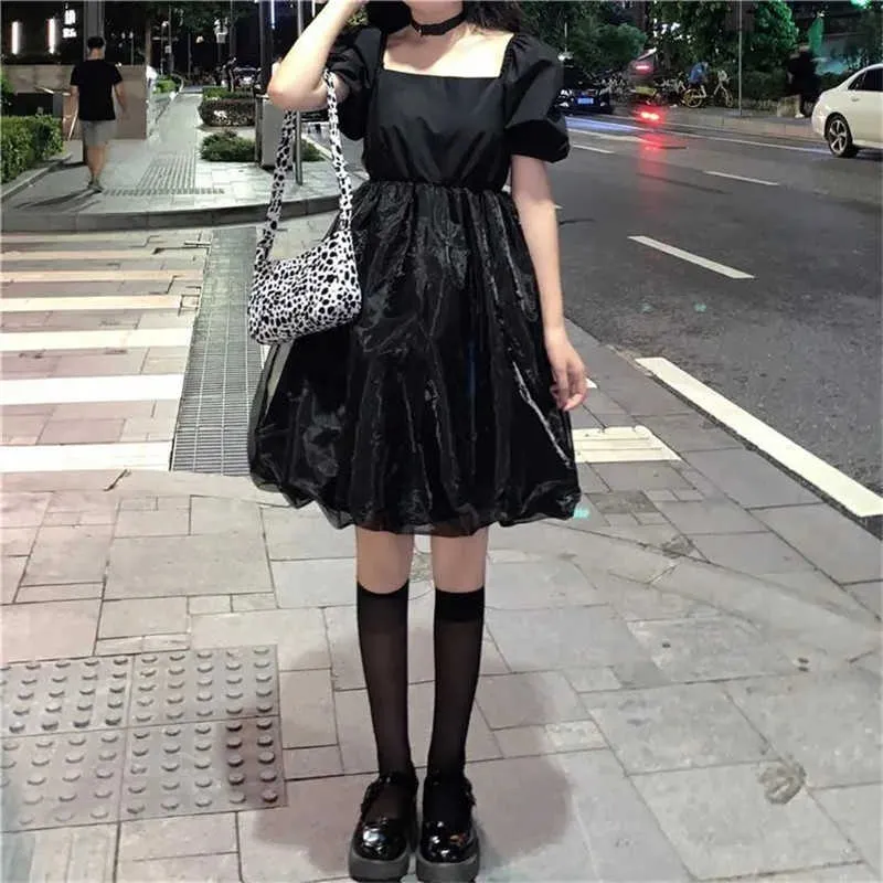 Japonais Lolita Tutu Robe Femmes Princesse Noir Taille Haute Gothique Mini Robe Blanc Manches Bouffantes Dentelle Maille À Volants Robe Douce 210619