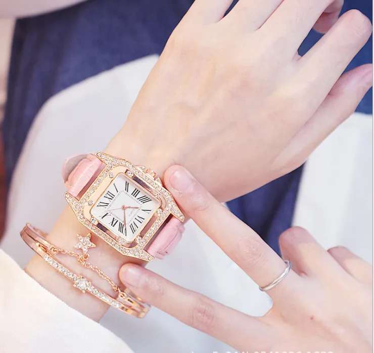 KEMANQI брендовые часы с квадратным циферблатом и бриллиантовым ободом, кожаный ремешок, женские часы, повседневный стиль, женские часы, кварцевые наручные часы217T