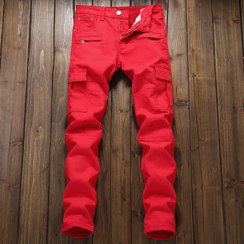 Jeans for Men Skinny Slim Fit Red Spring 2021 New Multi Pockets Designer Streetwear Hip Hop Denim Pants Patchwork Men's Trousers X0621