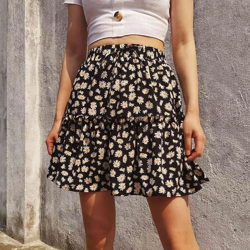 Summer women ruffles Swing skirt high waist female casual mini skirt A-line flower skirt ladies sexy short beach skirts 210514