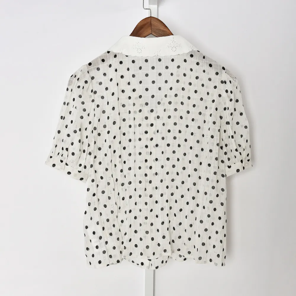 2021 primavera meia manga lapela pescoço branco polka dot impressão bordado botons blusa de breasted mulheres camisa de moda 21g1213018