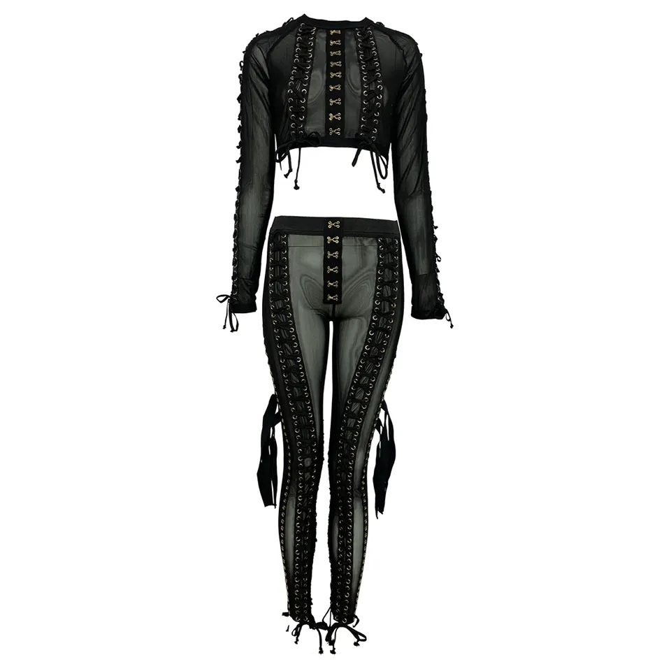 Free Sexy Bodycon Mesh Lace-up Pencil Pants Set O-Neck Long Sleeve Short Top & Drawstring Two-Piece 210524