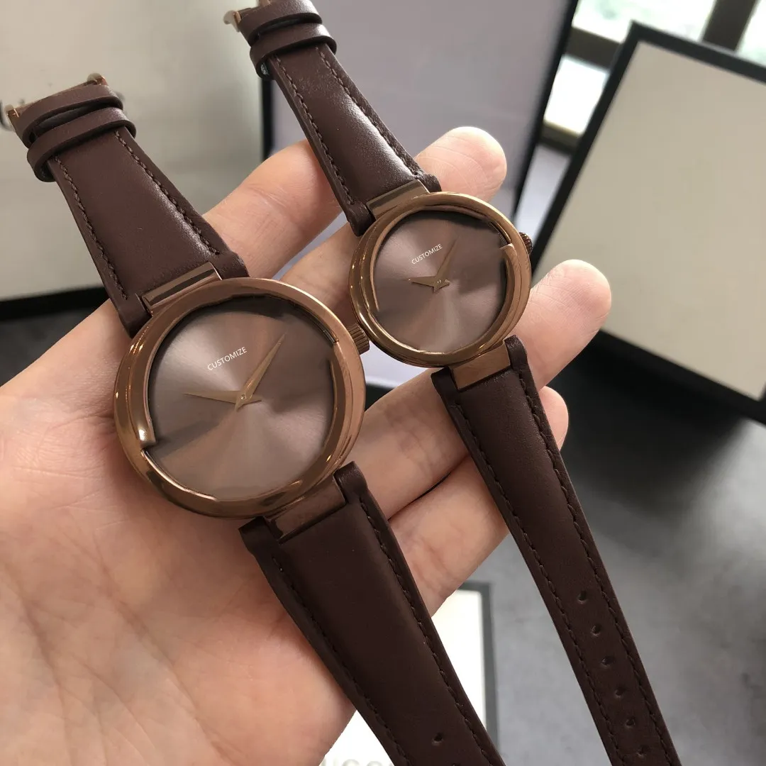 Top clásico Mujeres Hombres Relojes geométricos Reloj de pulsera de cuarzo de acero inoxidable para parejas Reloj de cuero marrón completo 27 mm 37 mm