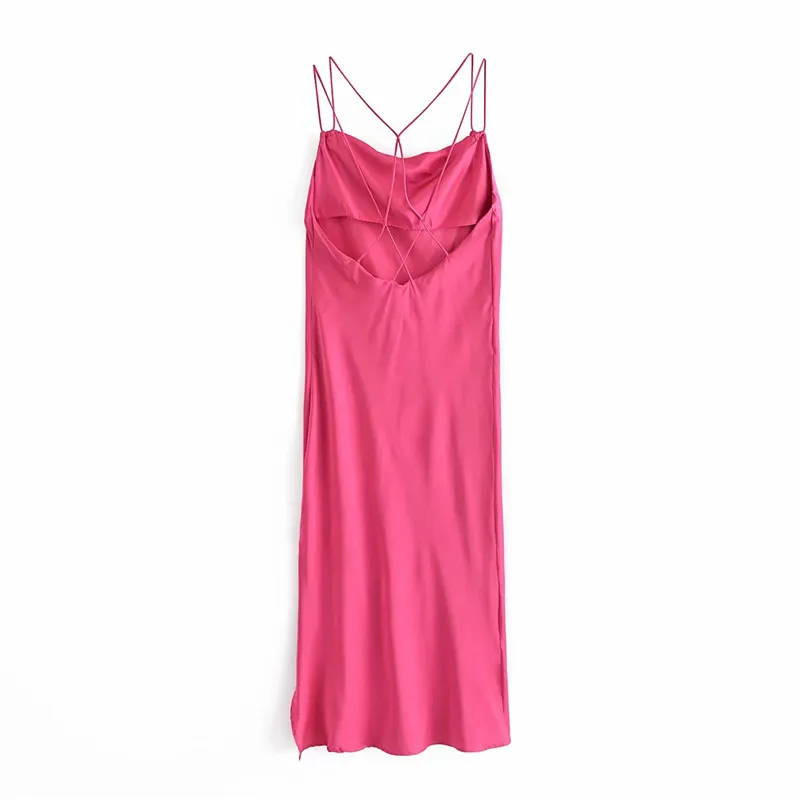 Abito lungo in raso con canotta rosa rossa Abito estivo senza schienale da donna Abiti da festa sexy da donna senza maniche Midi 210519