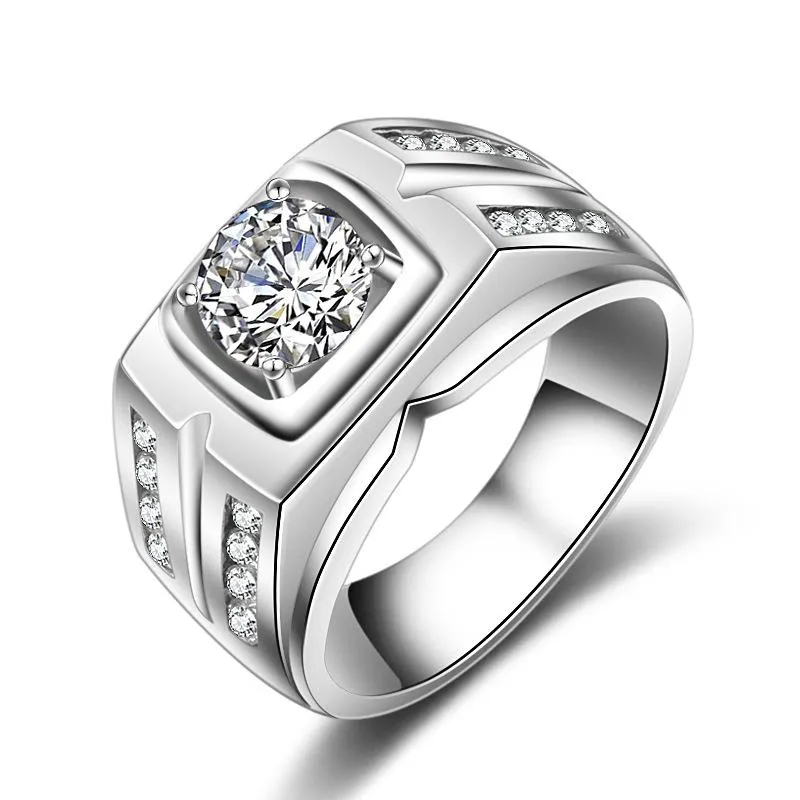 Anéis de casamento Ring masculino Men Sterling Silver 925 Vintage Mens White Gold Color Classic Big Stone Cz Jóias de moda254g