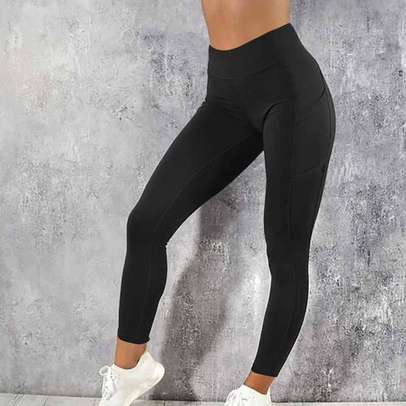 Yüksek Bel Cep Egzersiz Moda yukarı Spor Kadınlar Salonu Tayt itin Casual jeggings Womans Giyim Pantolon 210925
