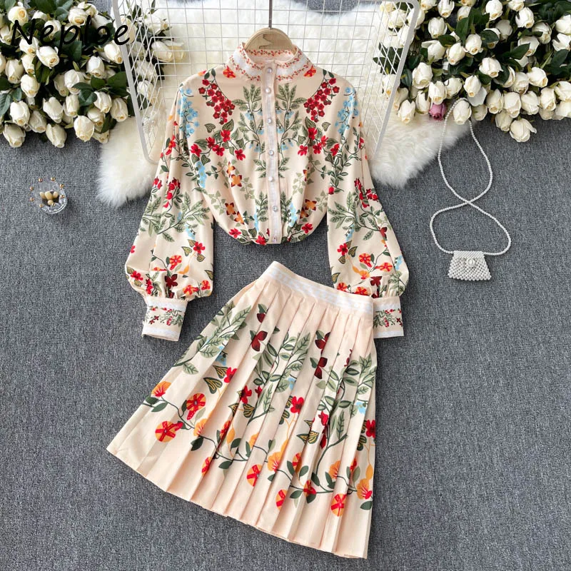 Neploe Holiday Print Women Set Turn Down Collar Puff Long Sleeve Shirt + High Waist Hip Pleat A Line Skirt Slim Suit 210510