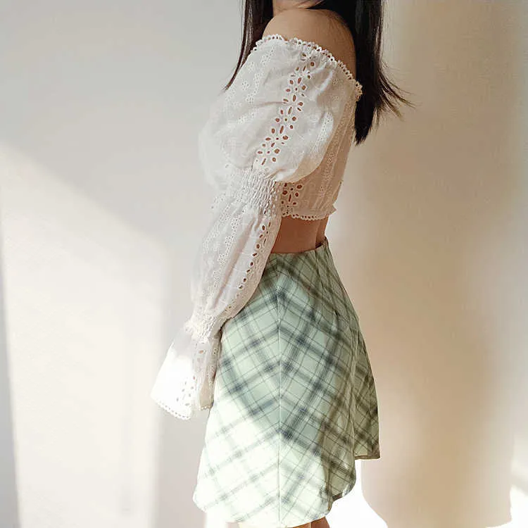 Femmes d'été Mini jupe fendue vert clair Plaid A-ligne taille haute sexy fille femme Harajuku vêtements jupes T1Q3 210603