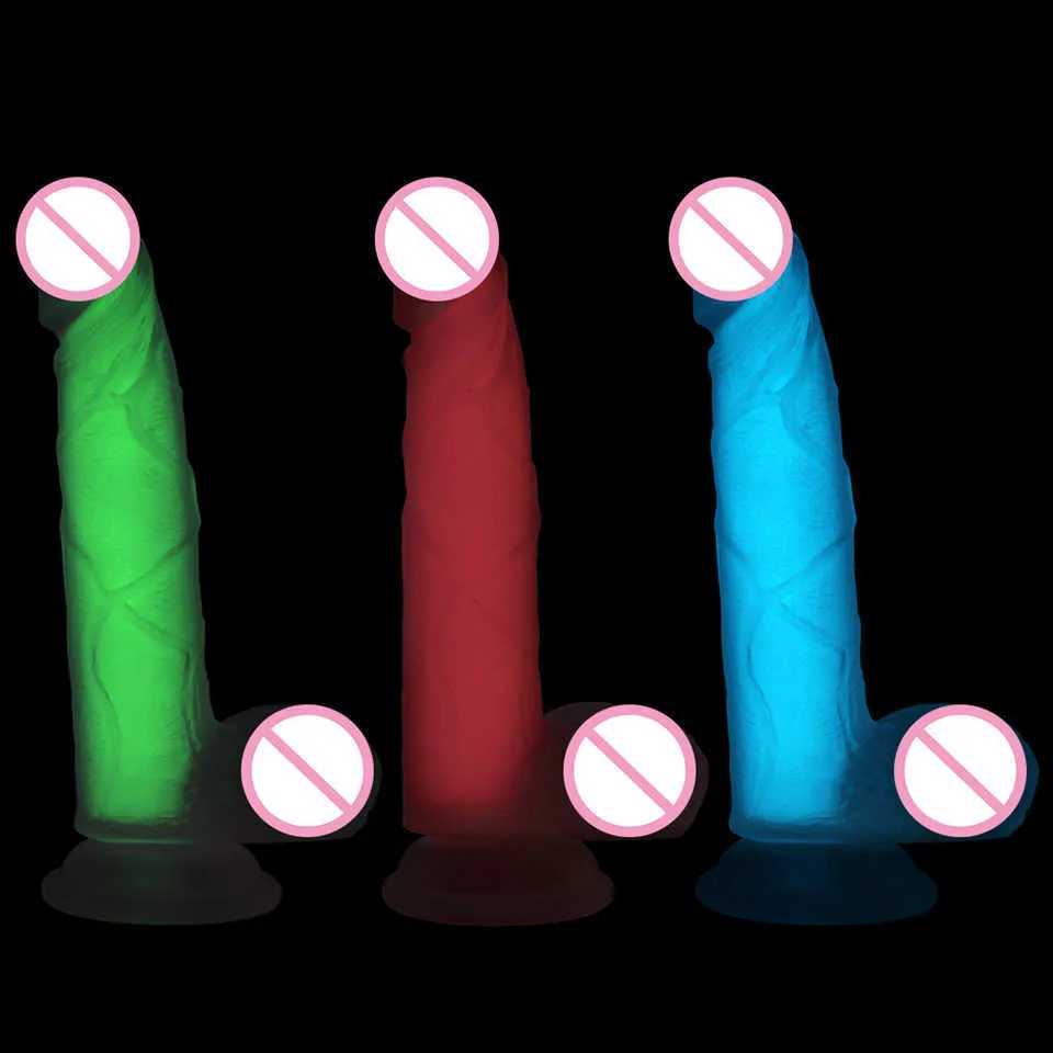 Consolador luminoso erótico de silicona de 7,5 pulgadas que brilla en la oscuridad, pene con correa, Juguetes sexuales para adultos para mujer, Sex Shop X0503