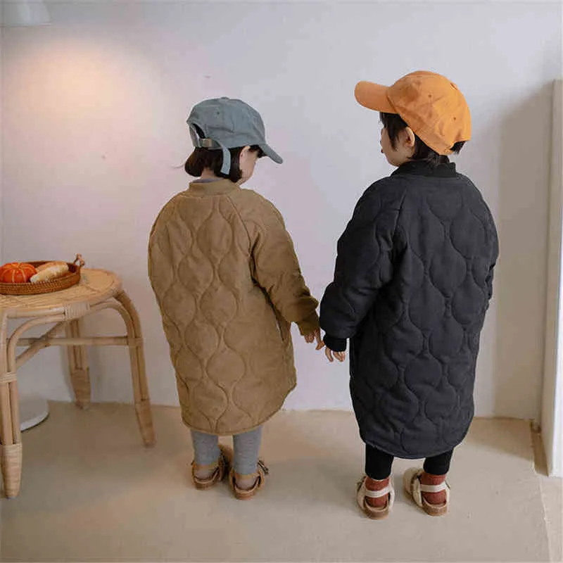 Vinterbarn Mode Casual Mid-Length Quilted Coats Boys and Girls Tjock Varm Long Trench OuterWear 211203
