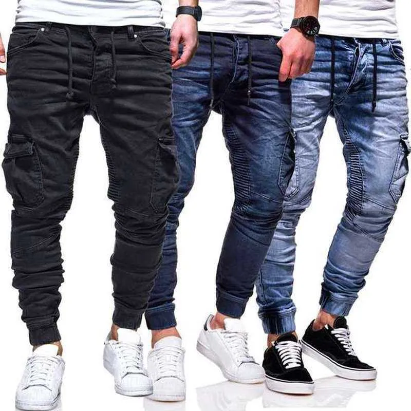 Jeans pour hommes Denim pantalon avec poches Moto Biker Jeans Slim Fit à lacets taille élastique Jeans décontracté Streetwear pantalon X0621