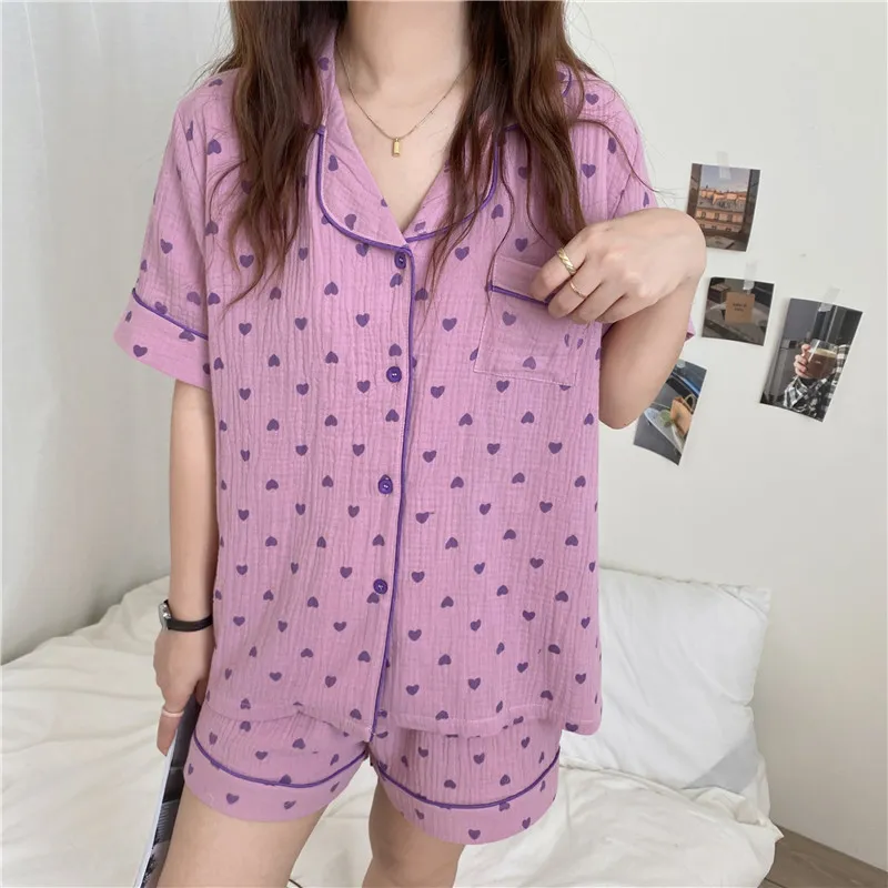 Verão Curto Todos os Pijamas Pijamas Doce Nightwear Impressão Chic Casual Homewear Loose Algodão Dois Peça Conjuntos De Terno 210525