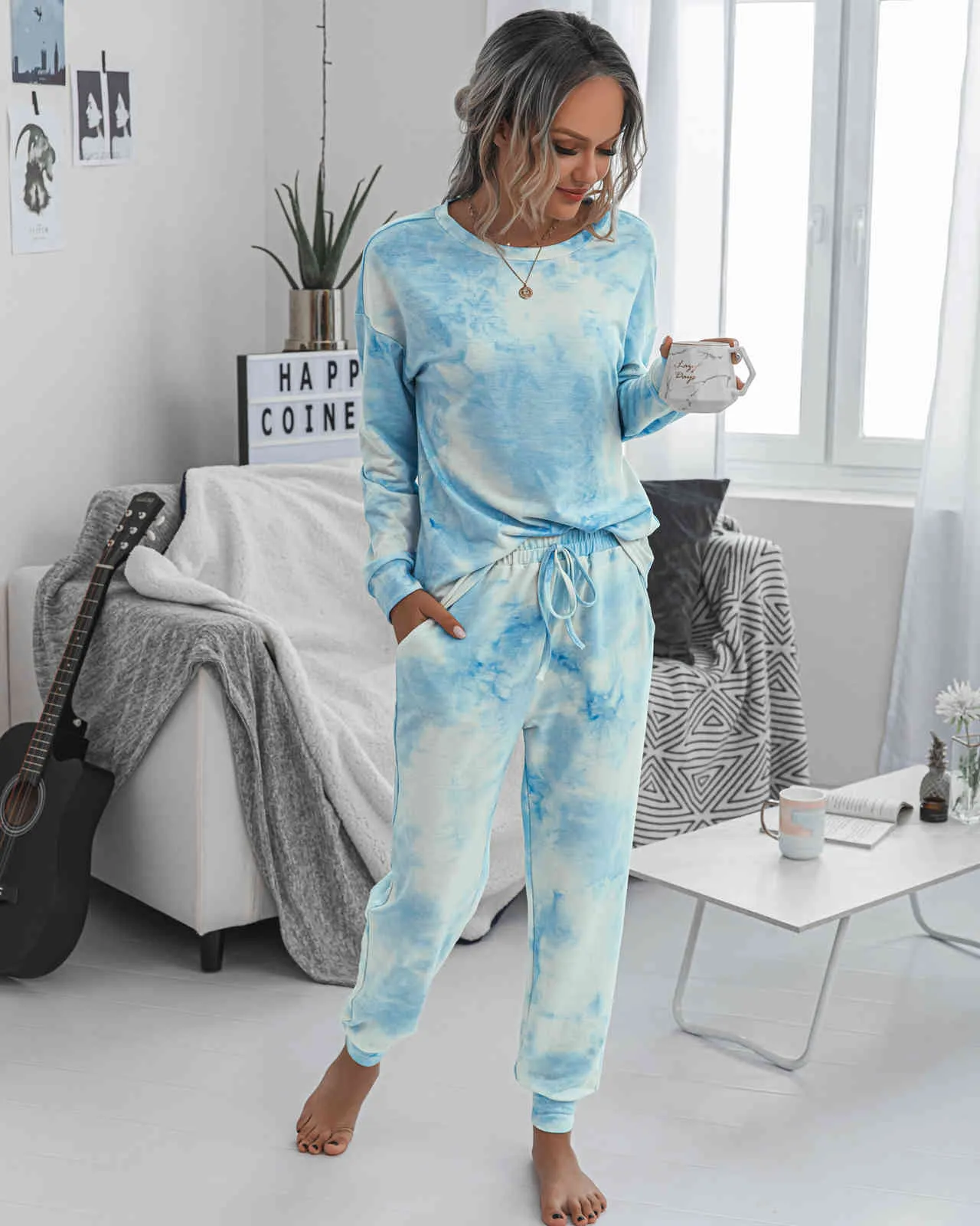 Moda Baskı Sonbahar Kış Setleri Giysi Bayanlar Rahat Ev Uzun kollu Gömlek Kadın Takım Elbise İki Parçalı Set Üst ve Pantolon 210514