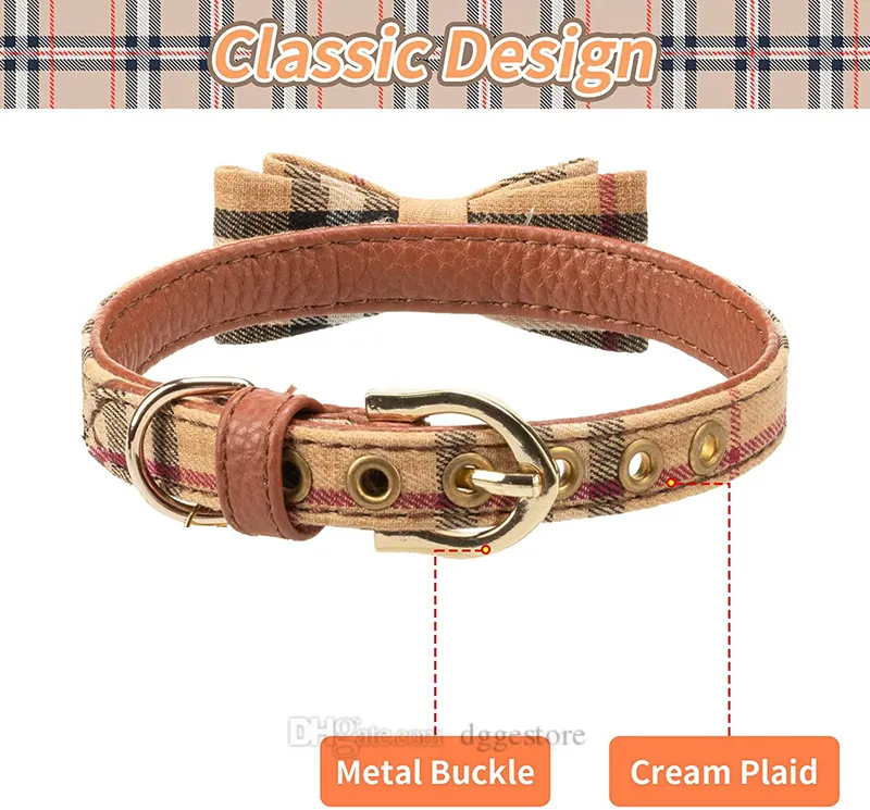 Bow Tie Dog Collar and Leash Set Classic Plaid Charm justerbar mjuk läderhundar Bandana och krage för valpkatter 3 st B32196L