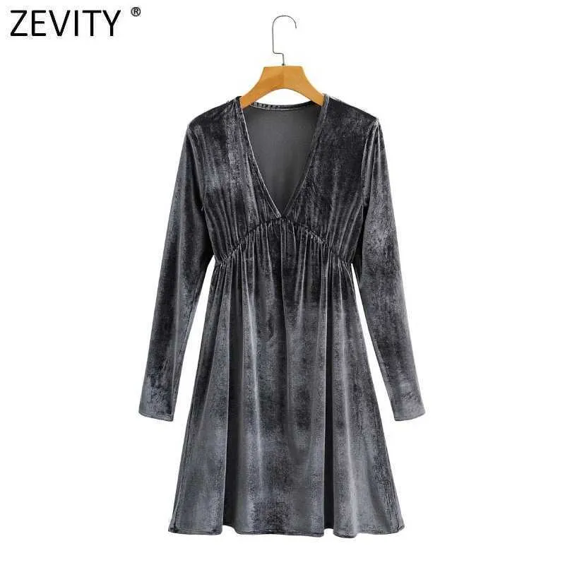 Zevity Women Vintage V Neck Fliss Solid Velvet Mini Dress Femme Retro Długim Rękawem Casual Vestido Chic Dresses DS4804 210603