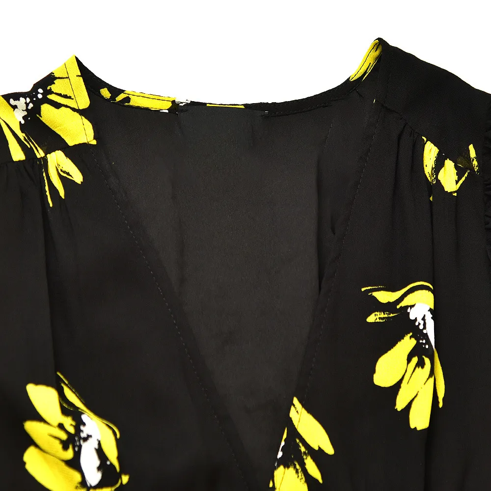 2021 الصيف الخريف قصيرة الأكمام الخامس الرقبة اللباس الأسود الأصفر الأزهار طباعة أزرار أرجوحة واحدة الصدر النساء أزياء فساتين قصيرة G127081