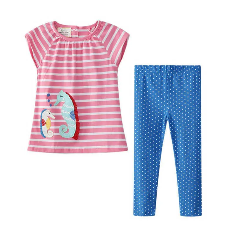 Hoppmätare Flickor Sommarkläder Satser Toddler Märke Girl Birds Stripe Outfit Klänning + Legging Applique Barn Passar 210529