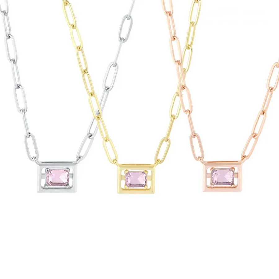 Europe America Fashion Style Necklaces Lady Women Brass Square Pink Green Crystal Engraved T Letter Pendant 18K Plated Gold Chain 248A