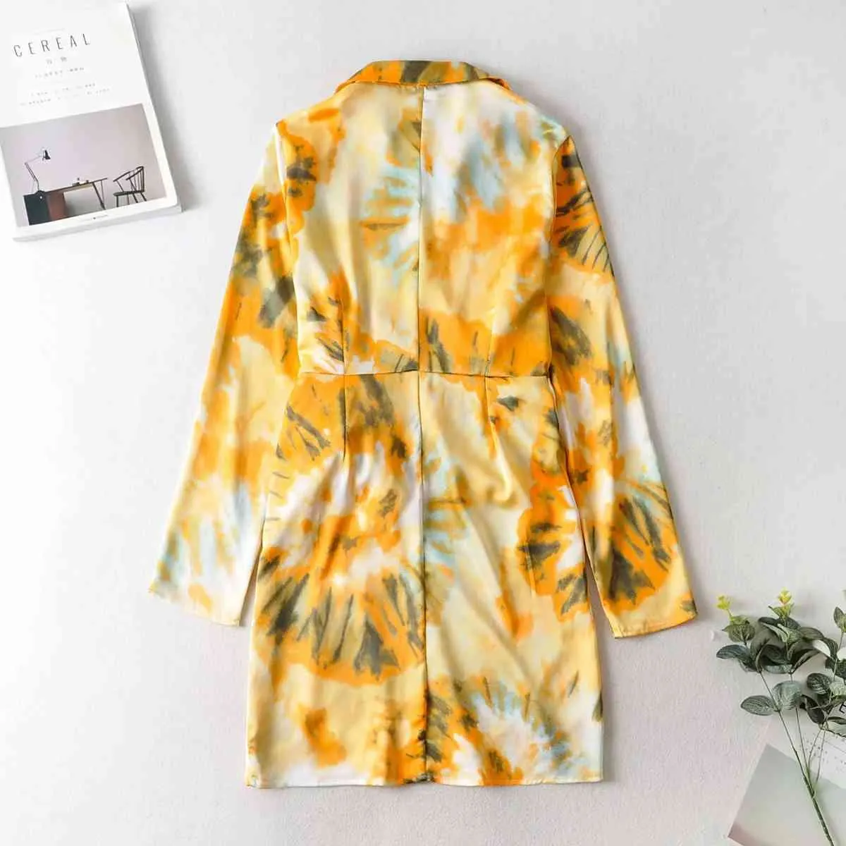 Foridol tie-dye satin party wrap dress women long sleeve autumn winter shirt dress night club short yellow dress vestidos 210415