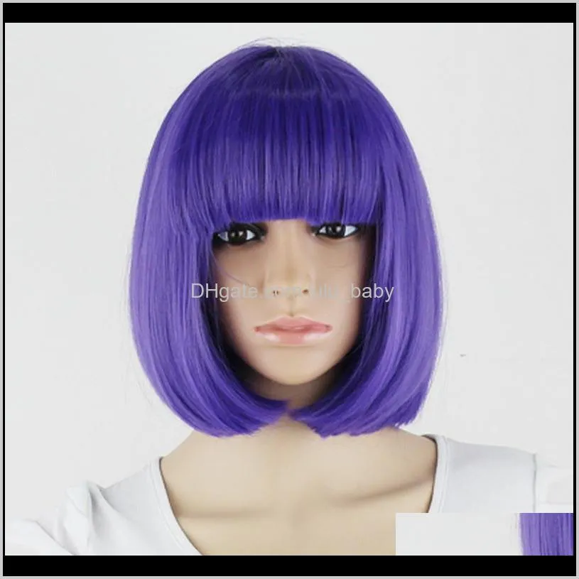 synthetic 10inch straight short bob wigs bangs blue golden red black white purple pink green brown cosplay wig female