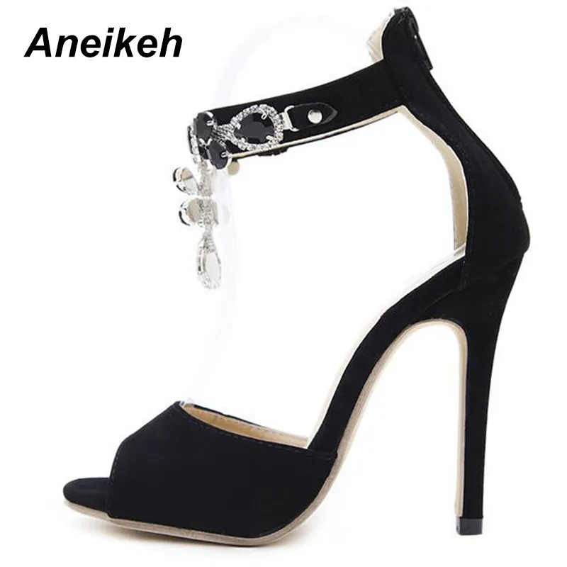 Aneikeh Preto Cristal Feminino Enfeitado Camurça Sandália de Salto Alto Sexy Peep Toe Alça no Tornozelo Strass Sapatos Gladiador 220222