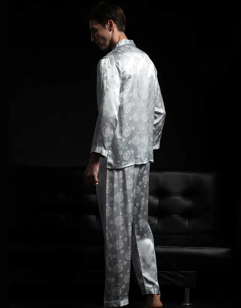 Męska nocna 100% Pure Print Silk Charmeuse Pajamas Ustaw rozmiar L XL XXL 211019