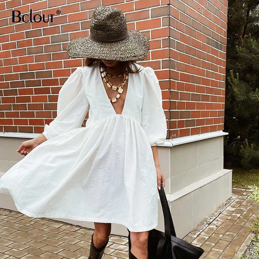 Bclout Casual Mini Fit and Flare Dress Women Puff Sleeve V Neck Black Party Dresses White Buttons Long Sleeve Autumn Vestido 210709