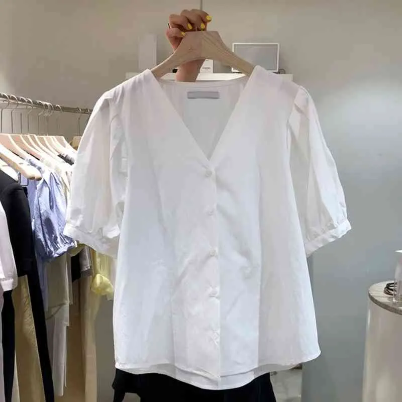 Sommar Solid Puff Short Sleeve Knappad Skjorta Kvinnor Blus All Match Kvinnor Lila Topp Koreansk Fashion Camisas Mujer 210514