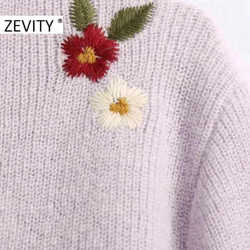 ZEVITY Women Fashion V Nek Bloem Borduurwerk Cardigan Knitting Sweater Dames Lange mouw Casual truien Chic Tops S402 210419