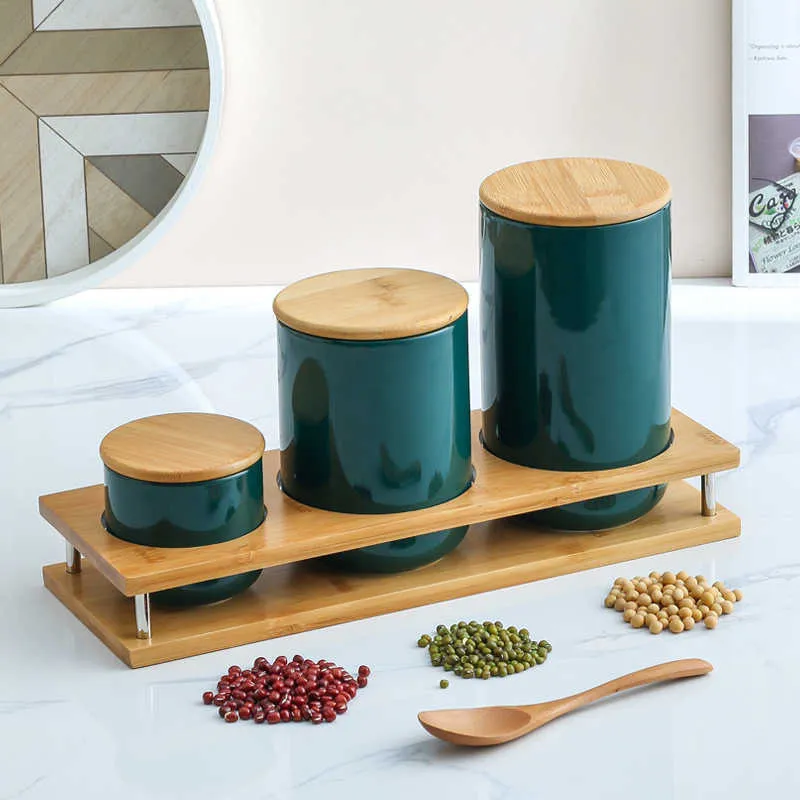 Serbatoio in ceramica Bottiglia di stoccaggio del caffè con coperchio in legno Contenitore barattoli di spezie Lattine sigillate Organizzatore di cereali teiera
