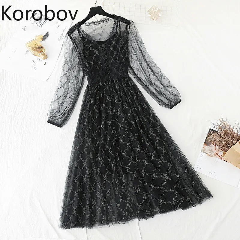 Korobov Summer Beach Style Boho Dress New Chic Słodka Koronkowa Koronka V Neck Sukienki Suknie Z Długim Rękawem Wysoka talia Koreański Vestidos 210430