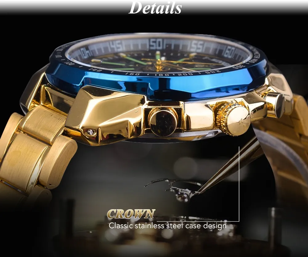 Vincitore Blue Light Glass New Fashion Mens orologi Black Golden in acciaio inossidabile impermeabile sport automatico orologio luminoso clock3383794