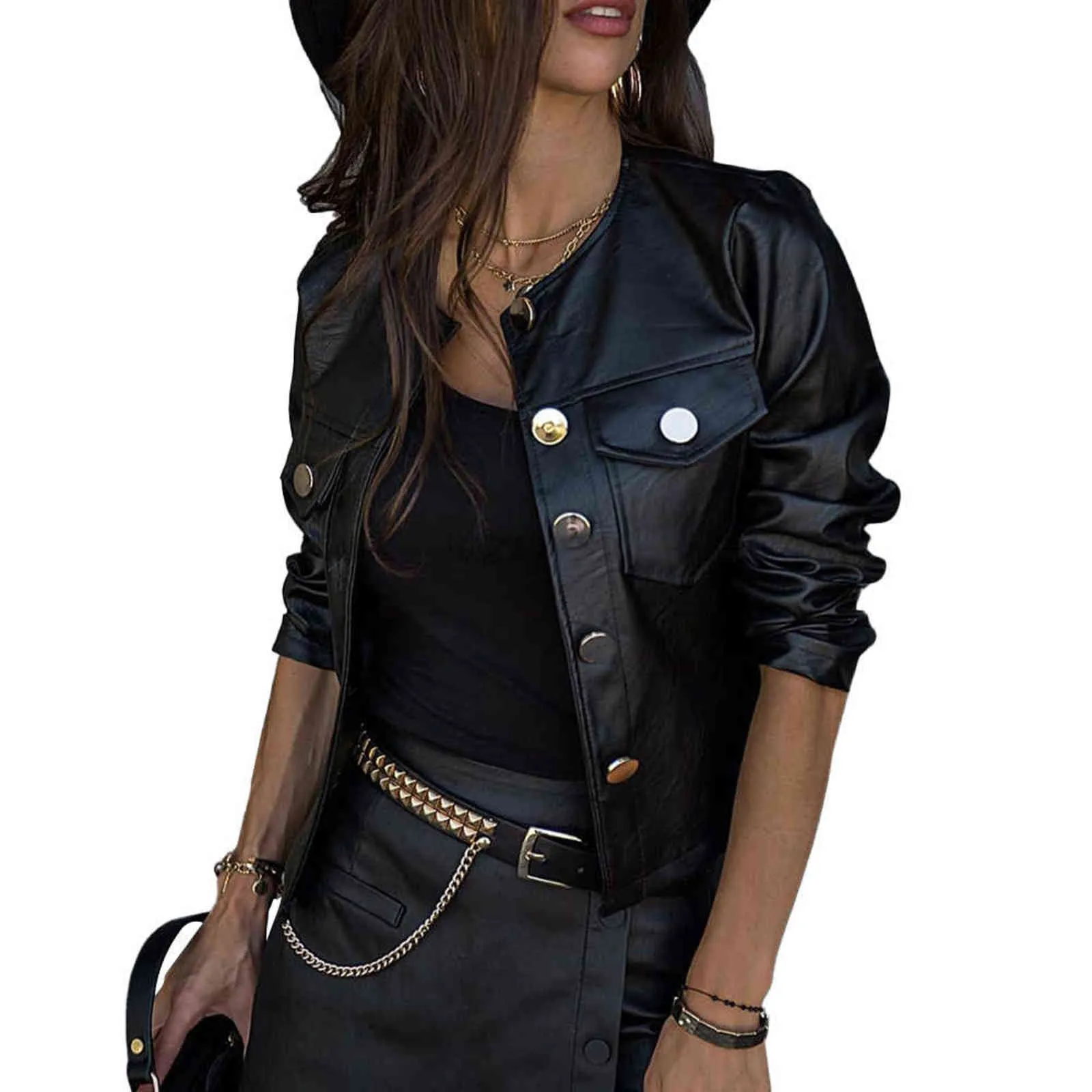 Women PU Leather Jackets Spring Autumn Faux Leather Coats Ladies Motor Biker Button Slim Jackets Basic Black Short Coats D30 211112