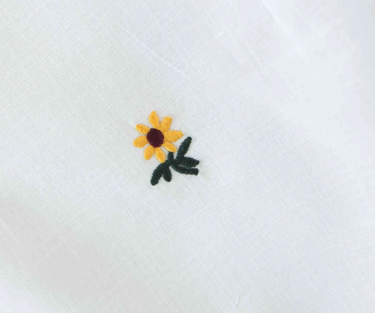 ビンテージフランススタイルの刺繍花ホワイトショートドレススリムパフスリーブシックフロントボウRuched女性Mini 210429