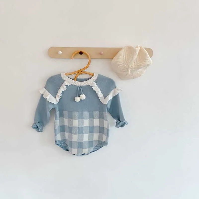 Spring Girl Bodysuit Patchwork Plaid Long Sleeves Sweater Jumpsuit Children born Cute Style Clothes E022 210610