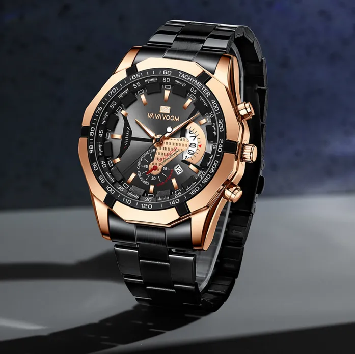 Gute Qualität Freizeit Sport Leuchtzeiger Edelstahl Herrenuhr Quarzuhren Kalender Smart Armbanduhren VAVAVoom Brand216R