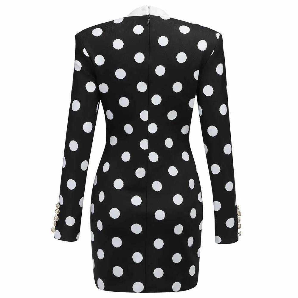Kvinnor Summer Polka Dot Black and White Bandage Dress Long Sleeve V Neck Button BodyCon Club Evening Party Mini Dress 210625