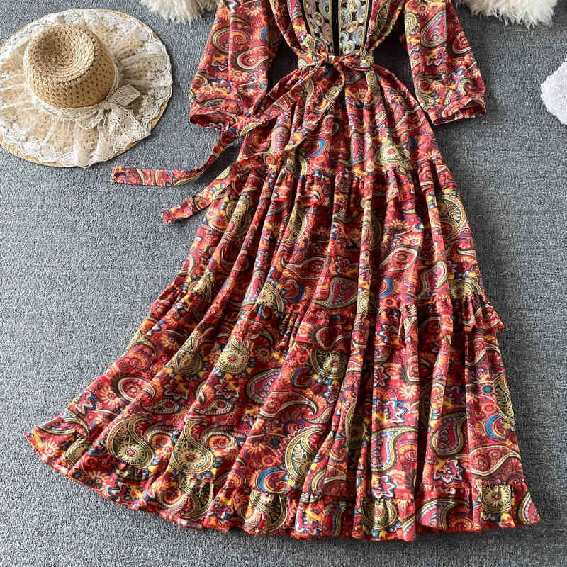 Ethnic Style Simi Asian Holiday Ruffled Maxi Vestidos Round Neck Lantern Sleeves Waist Big Swing Print Dress GK435 210506