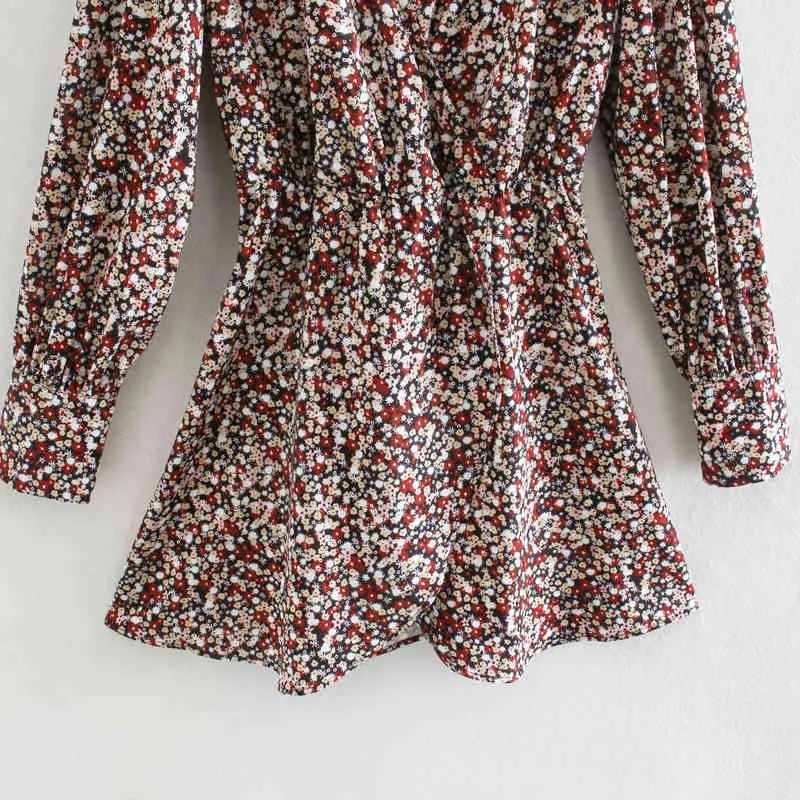 Kobiety Lato Vintage Mini Dress V-Neck Z Długim Rękawem Kwiatowy Drukuj Elastyczna Talia Kobieta Moda Elegancka Uliczna Wrap Sukienki Vestido 210513