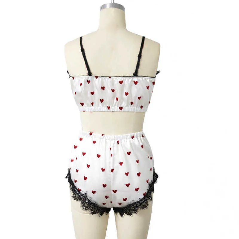 Sexig Underkläder Bra Set Kvinnors hjärta Print Lace Satin Underkläder Pajamas Q0706