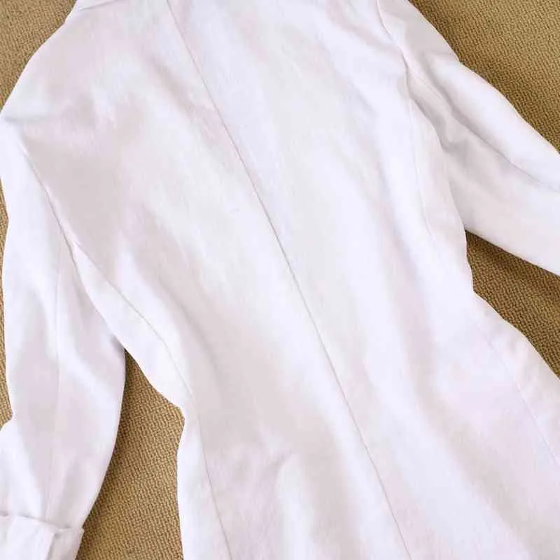 2セットの女性春と夏のリネンセット通気性のある白い長袖ジャケットワイドレッグショートパンツツーピース210331