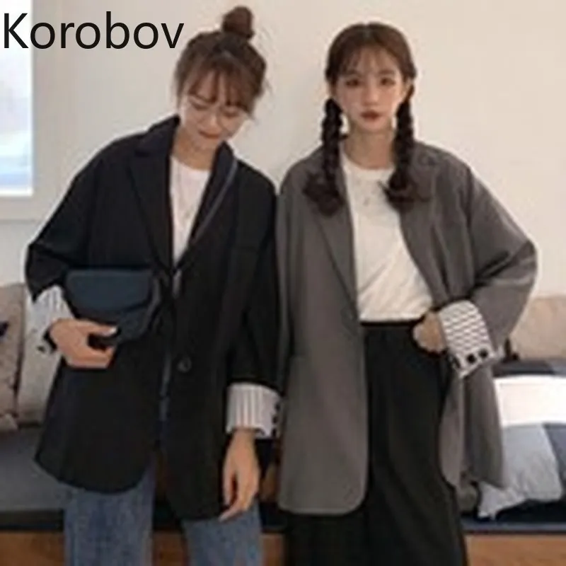 Korobov rétro simple poitrine Blazer femmes travail Style bureau dame solide Casao Feminino col rabattu à manches longues manteau 2a690 210430