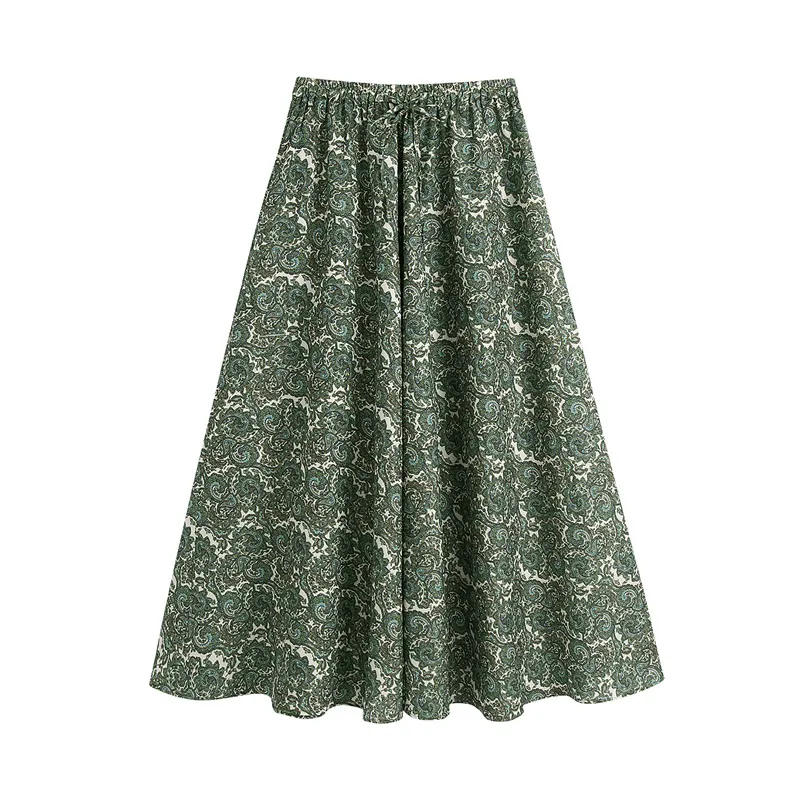 Vintage chic paisley jupe femmes été mode drapé cheville-jambe dame élégant plissé longue femme 210430